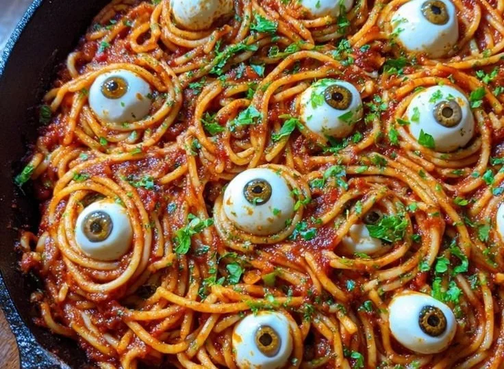 Bloody Spaghetti with Mozzarella Eyeballs